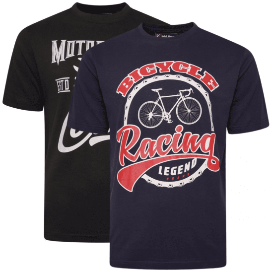 Kam Jeans 5712 Twin Pack Motorcycle/Cycle Print Tee Black and Navy - Herren-T-Shirts - Herren-T-Shirts in großen Größen