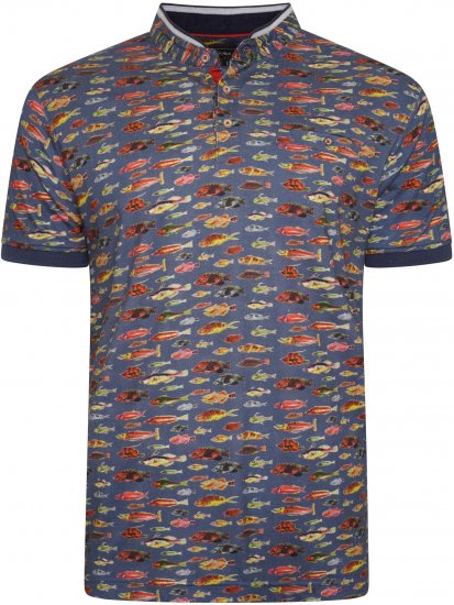 Kam Jeans 5743 Fish Print Jersey Grandad Top Indigo - Polo-shirts für herren - Polo-Shirts für Herren in großen Größen