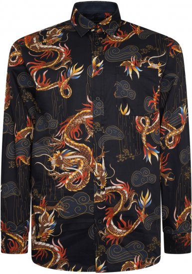 Kam Jeans 6057 LS Dragon Print Shirt Black - Herrenhemden - Herrenhemden in großen Größen