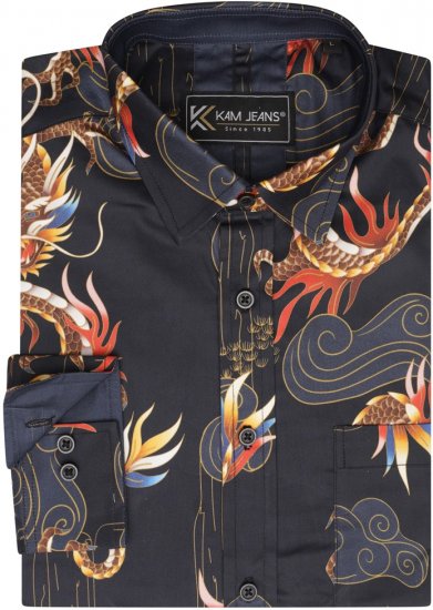 Kam Jeans 6057 LS Dragon Print Shirt Black - Herrenhemden - Herrenhemden in großen Größen