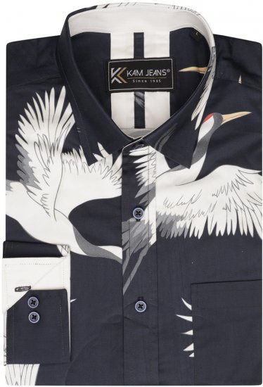 Kam Jeans 6059 LS Bird Print Shirt Navy - Herrenhemden - Herrenhemden in großen Größen