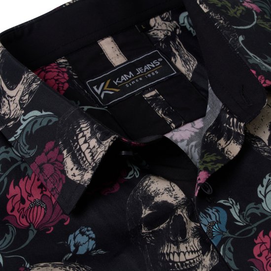 Kam Jean 6074 Kurzarmhemd mit Totenkopfprint Schwarz - Herrenhemden - Herrenhemden in großen Größen