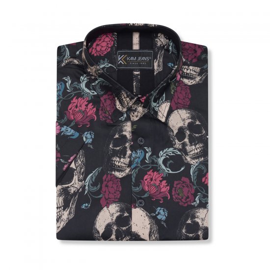 Kam Jean 6074 Kurzarmhemd mit Totenkopfprint Schwarz - Herrenhemden - Herrenhemden in großen Größen