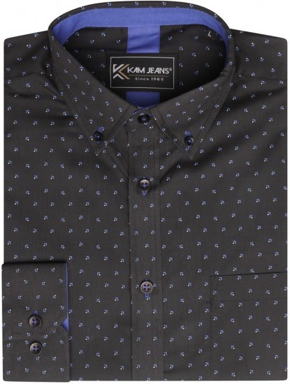Kam Jeans 6297 Long Sleeve All Over Blue Dobby Print Shirt Black - Herrenhemden - Herrenhemden in großen Größen
