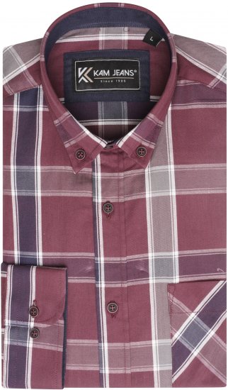 Kam Jeans P038 LS Premium Cotton Check Shirt Wine - Herrenhemden - Herrenhemden in großen Größen