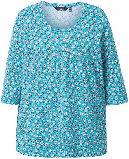 Ulla Popken Flower Print 3/4 Sleeve A-Line Tee Deep Aqua - Bedruckte T-shirts für damen - 