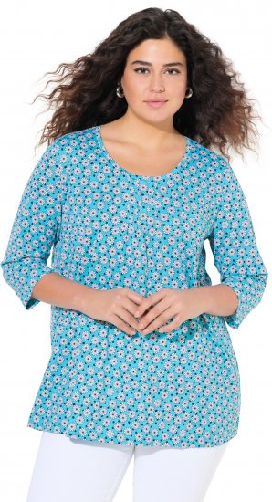Ulla Popken Flower Print 3/4 Sleeve A-Line Tee Deep Aqua - Bedruckte T-shirts für damen - 