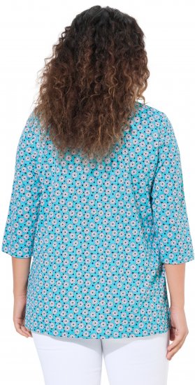 Ulla Popken Flower Print 3/4 Sleeve A-Line Tee Deep Aqua - Bedruckte T-shirts für damen - 