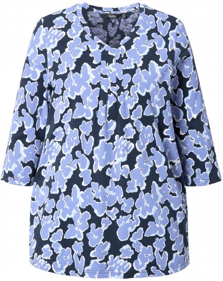 Ulla Popken Floral Print 3/4 Sleeve V-Neck Tee Navy Blue - Bedruckte T-shirts für damen - 