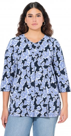 Ulla Popken Floral Print 3/4 Sleeve V-Neck Tee Navy Blue - Bedruckte T-shirts für damen - 
