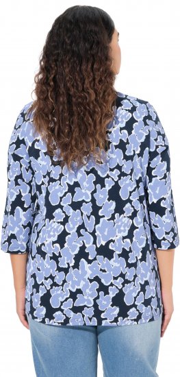 Ulla Popken Floral Print 3/4 Sleeve V-Neck Tee Navy Blue - Bedruckte T-shirts für damen - 