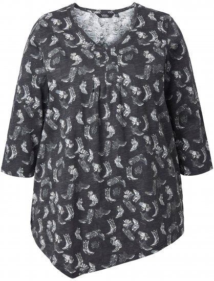 Ulla Popken Asymmetric Cowboy Boot Print Tee Black - Bedruckte T-shirts für damen - 