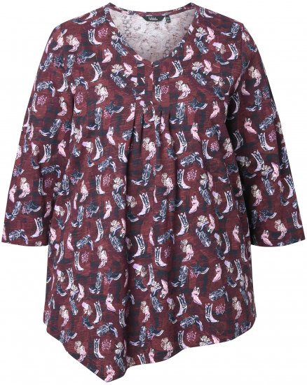 Ulla Popken Asymmetric Cowboy Boot Print Tee Dark Ruby - Bedruckte T-shirts für damen - 