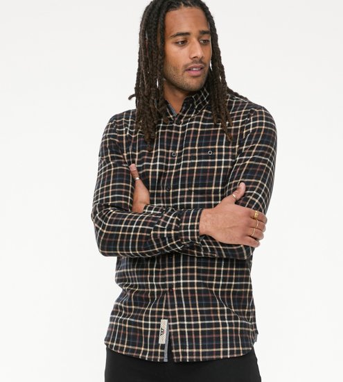D555 Destin Checked Long Sleeve Shirt Black/Tan Check - Langärmlige hemden - 