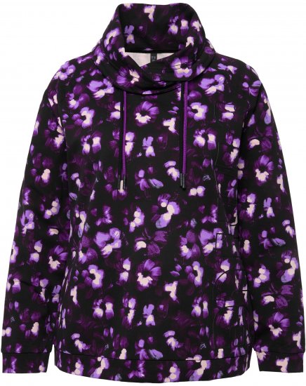 Ulla Popken Floral Print Drawstring Collar Hoodie Black - Hoodies & Sweatshirts - 