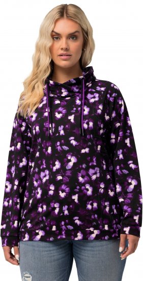 Ulla Popken Floral Print Drawstring Collar Hoodie Black - Hoodies & Sweatshirts - 