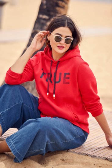 Ulla Popken TRUE Lettering Hoodie Neon Red - Hoodies & Sweatshirts - 