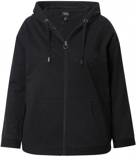 Ulla Popken Eyelet Embroidered Zip-Up Hoodie Black - Hoodies & Sweatshirts - 