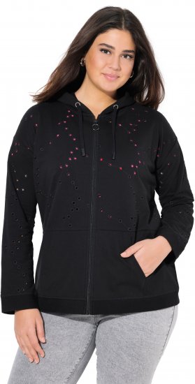 Ulla Popken Eyelet Embroidered Zip-Up Hoodie Black - Hoodies & Sweatshirts - 