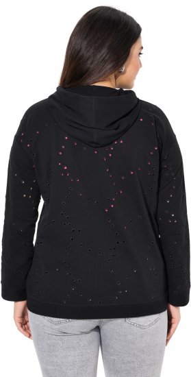 Ulla Popken Eyelet Embroidered Zip-Up Hoodie Black - Hoodies & Sweatshirts - 