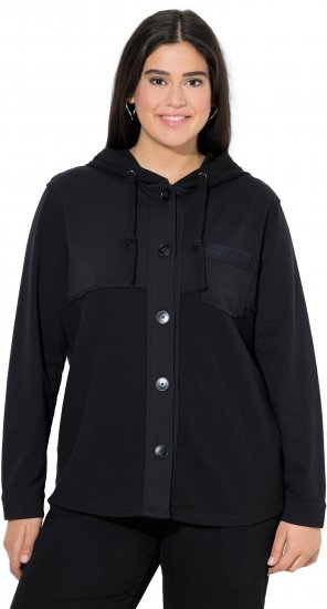 Ulla Popken Mixed Texture Button Down Hoodie Black - Hoodies & Sweatshirts - 