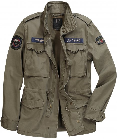 JP1880 Field Jacket with Badges Vintage Look Moss Green - Herren jacken - Herren Jacken in großen Größen