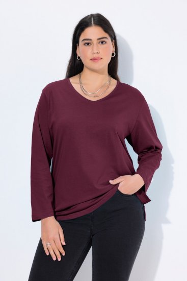 Ulla Popken Back To Basics V-Neck Relaxed Fit Cotton Tee Dark Berry - T-Shirts - Damen-T-Shirts in großen Größen