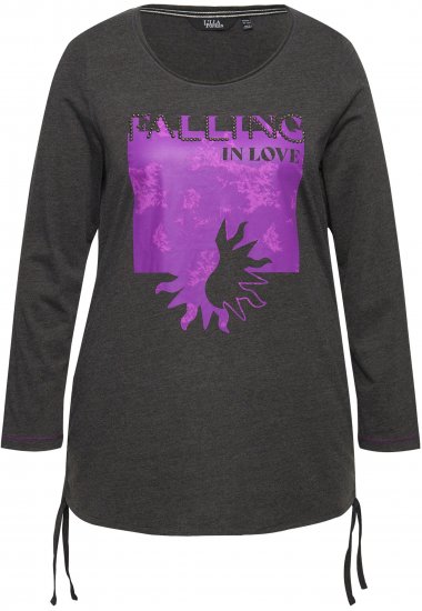 Ulla Popken Tie Hem Long Sleeve Graphic Tee Charcoal Grey Melange - Bedruckte T-shirts für damen - 