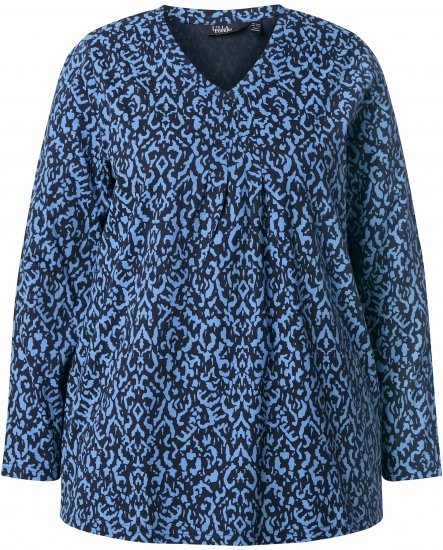 Ulla Popken Geometric Print 3/4 Sleeve Pleated Tee Navy Blue - Bedruckte T-shirts für damen - 