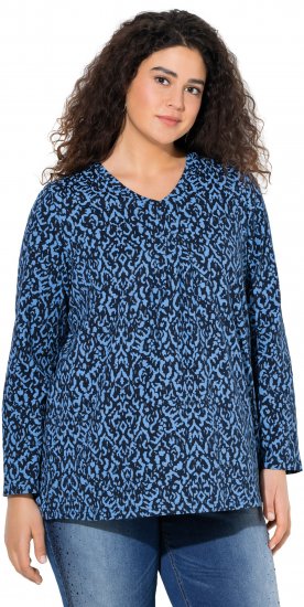 Ulla Popken Geometric Print 3/4 Sleeve Pleated Tee Navy Blue - Bedruckte T-shirts für damen - 
