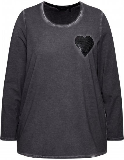 Ulla Popken Cold Dyed Sequined Heart Long Sleeve Tee Asphalt - Bedruckte T-shirts für damen - 