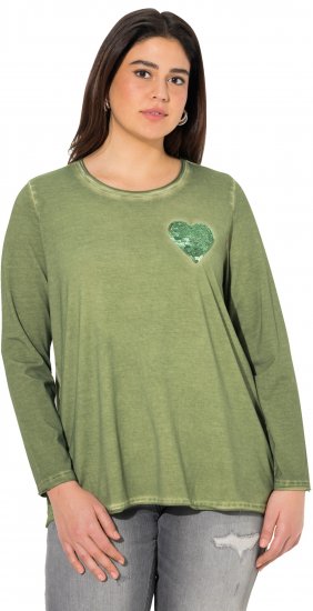 Ulla Popken Cold Dyed Sequined Heart Long Sleeve Tee Sage Green - Bedruckte T-shirts für damen - 