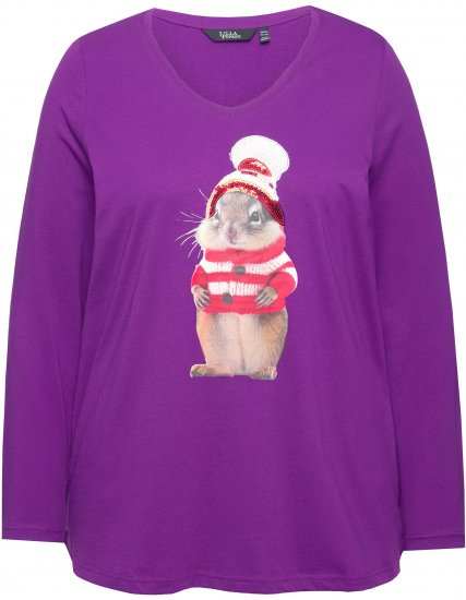 Ulla Popken Christmas Squirrel Long Sleeve Graphic Tee Dark Purple - Bedruckte T-shirts für damen - 