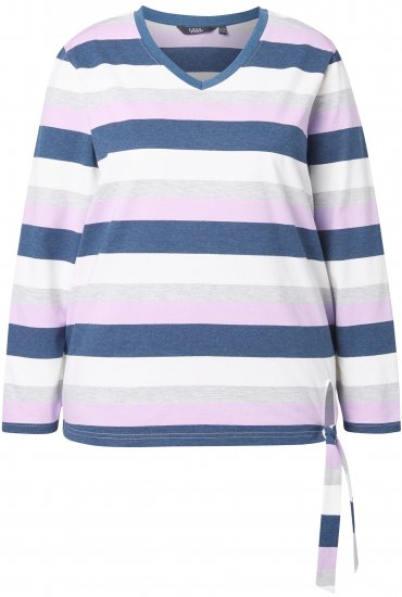 Ulla Popken Striped Knotted Hem Long Sleeve Tee Lavender - Bedruckte T-shirts für damen - 