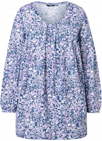 Ulla Popken Allover Printed Pleated Long Sleeve Tee Dark Blue - Bedruckte T-shirts für damen - 