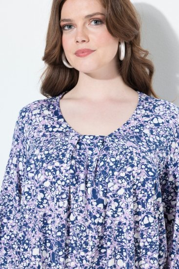 Ulla Popken Allover Printed Pleated Long Sleeve Tee Dark Blue - Bedruckte T-shirts für damen - Bedruckte Shirts für Damen