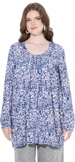 Ulla Popken Allover Printed Pleated Long Sleeve Tee Dark Blue - Bedruckte T-shirts für damen - 