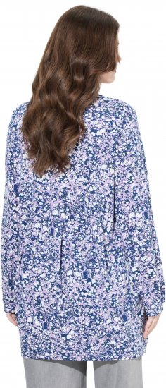 Ulla Popken Allover Printed Pleated Long Sleeve Tee Dark Blue - Bedruckte T-shirts für damen - 
