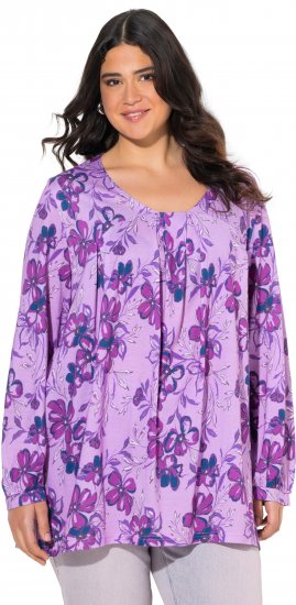 Ulla Popken Allover Printed Pleated Long Sleeve Tee Lavender - Bedruckte T-shirts für damen - 