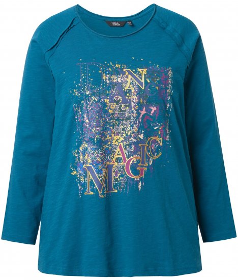Ulla Popken Inverted Seam Long Sleeve Graphic Tee Teal - Bedruckte T-shirts für damen - 
