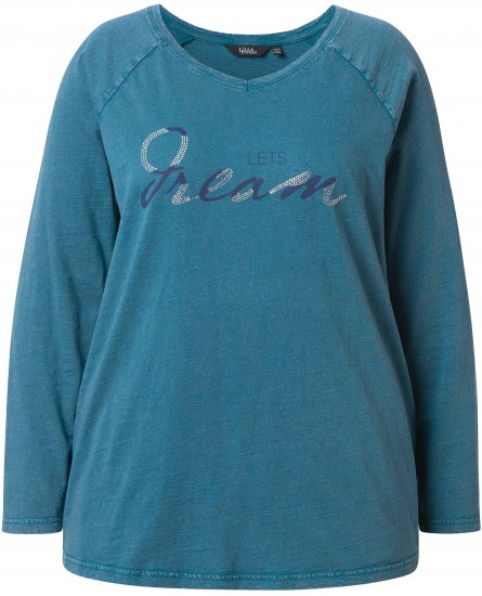 Ulla Popken Dream Rhinestone Lettering Long Sleeve Tee Teal - Bedruckte T-shirts für damen - 