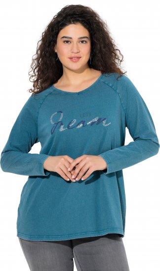Ulla Popken Dream Rhinestone Lettering Long Sleeve Tee Teal - Bedruckte T-shirts für damen - 