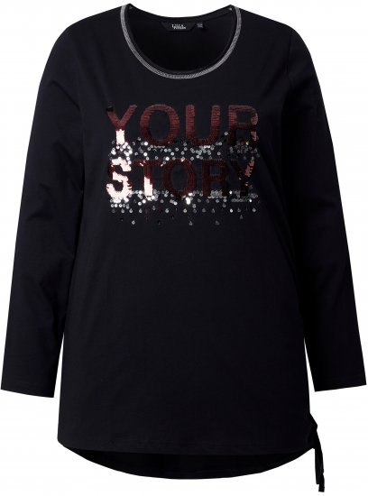 Ulla Popken Your Story Sequined Long Sleeve Tunic Tee Black - Bedruckte T-shirts für damen - 