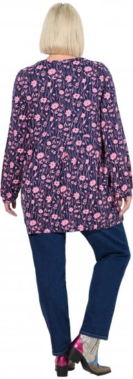 Ulla Popken Pleated Long Sleeve Floral Knit Tunic Ink Blue - Bedruckte T-shirts für damen - 