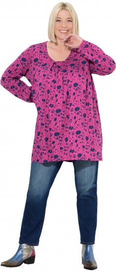 Ulla Popken Pleated Long Sleeve Floral Knit Tunic Summer Berry - Bedruckte T-shirts für damen - 