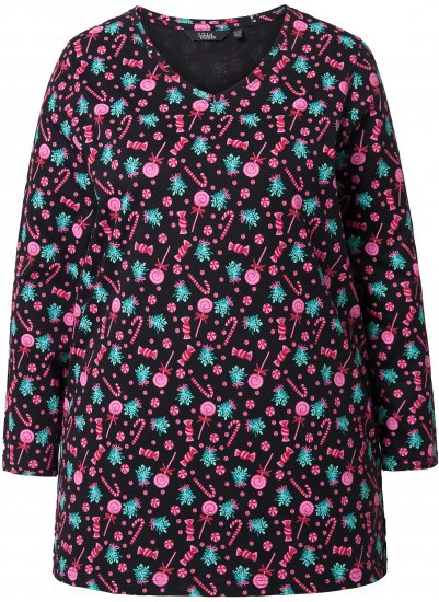 Ulla Popken Peppermint Tree V-Neck Holiday Cotton Long Sleeve Knit Tunic Black - Bedruckte T-shirts für damen - 