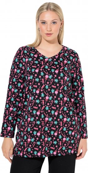 Ulla Popken Peppermint Tree V-Neck Holiday Cotton Long Sleeve Knit Tunic Black - Bedruckte T-shirts für damen - 
