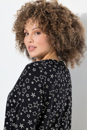 Ulla Popken Allover Printed Long Sleeve Tee Black - Bedruckte T-shirts für damen - Bedruckte Shirts für Damen