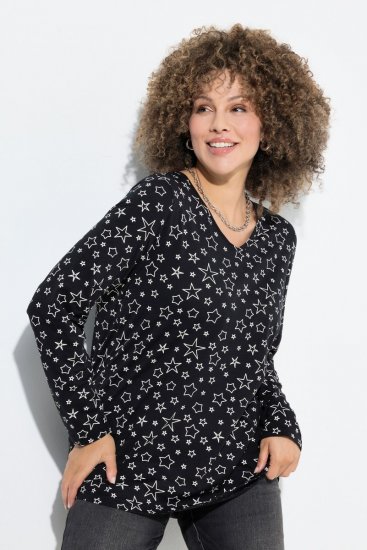 Ulla Popken Allover Printed Long Sleeve Tee Black - Bedruckte T-shirts für damen - Bedruckte Shirts für Damen