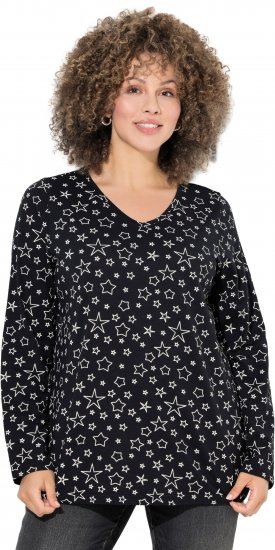 Ulla Popken Allover Printed Long Sleeve Tee Black - Bedruckte T-shirts für damen - 